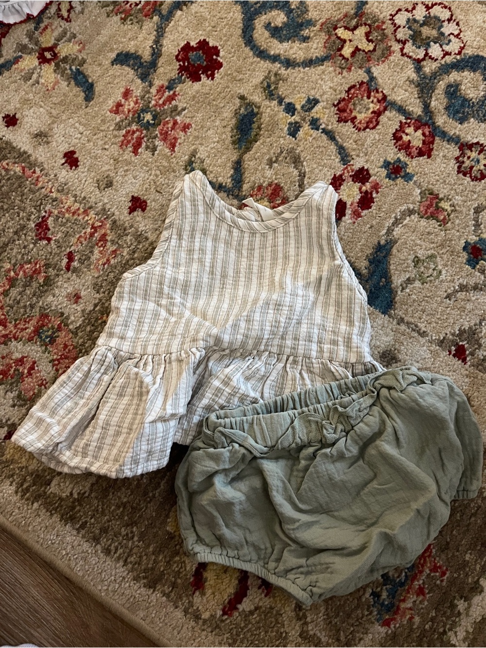 Quincy Mae Neutral Striped Peplum Top with Sage Bloomers